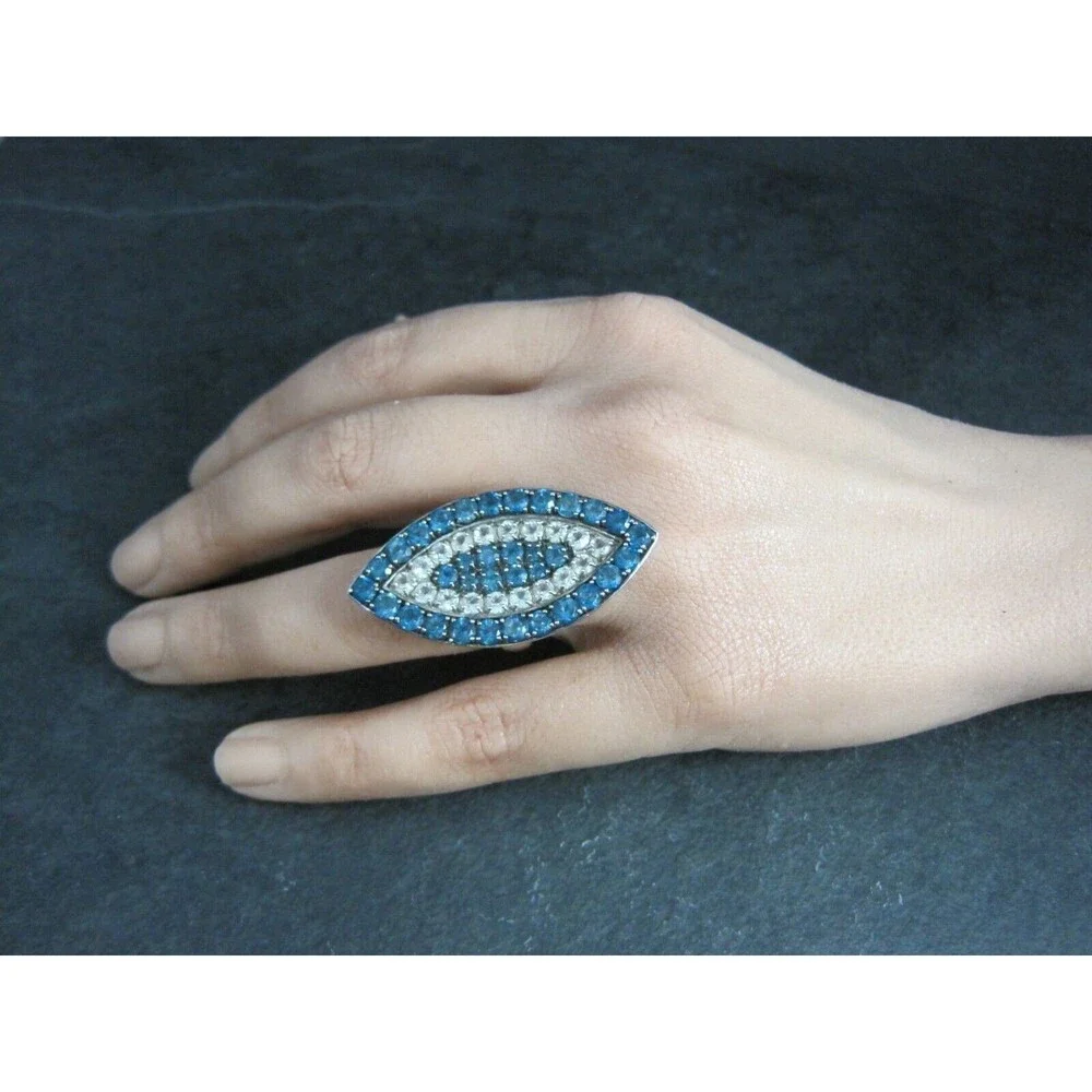 Large Sterling Blue & White Topaz Eye Ring Size 6